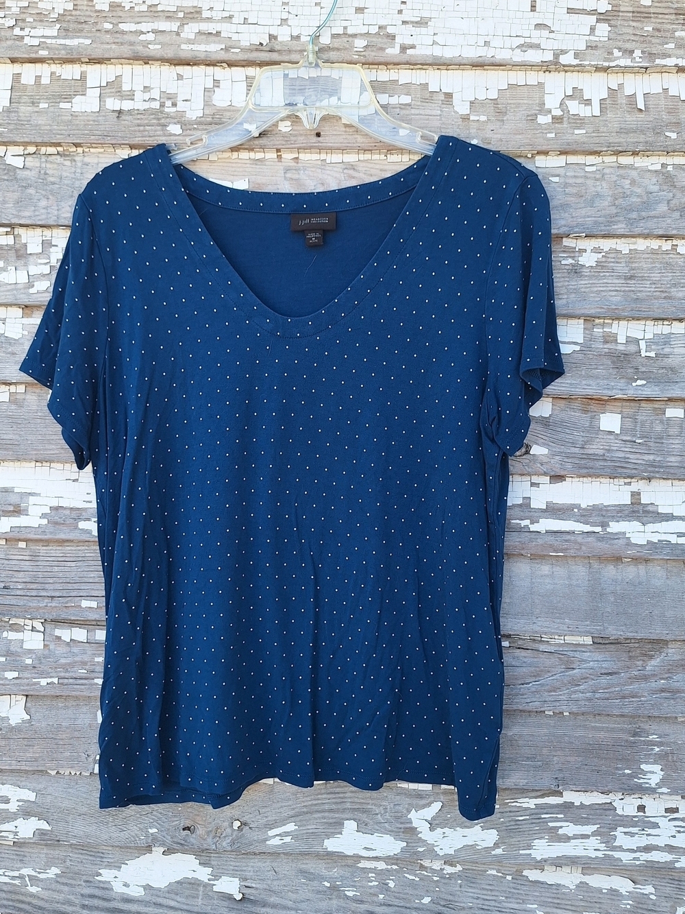J. Jill Navy V‑Neck Short Sleeve Tee with Tiny White Dots Size Medium Petite